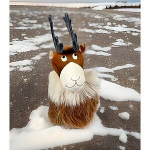 Wood & Fur Reindeer Deer  Leather Antlers Ears Hand Painted Face Finland Rustic